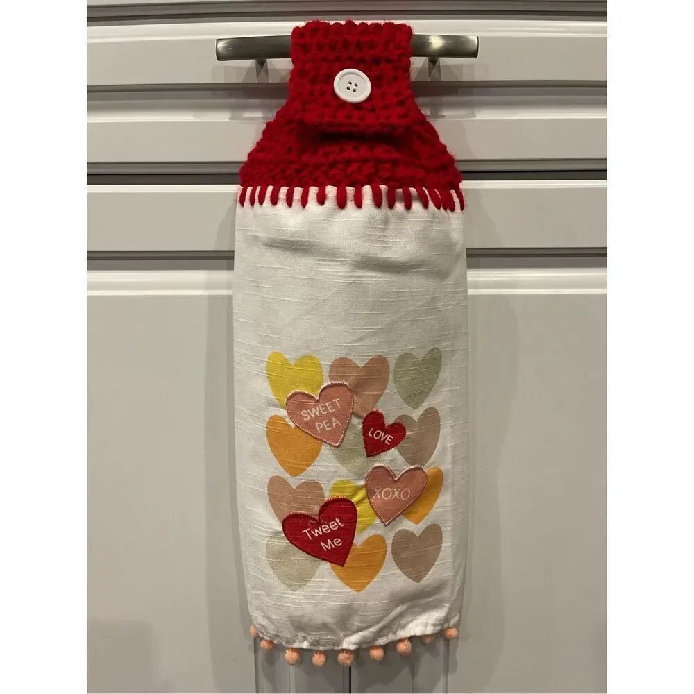 Crochet Top Kitchen Towel- Candy Hearts